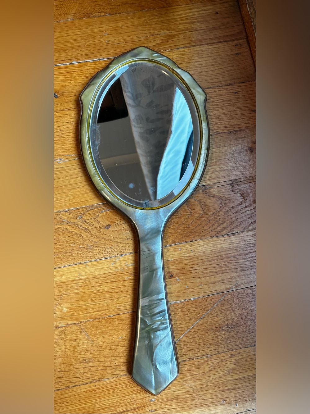 Vtg Handheld Art Deco Mirror Iridescent Olive-Green Mother of Pearl Design